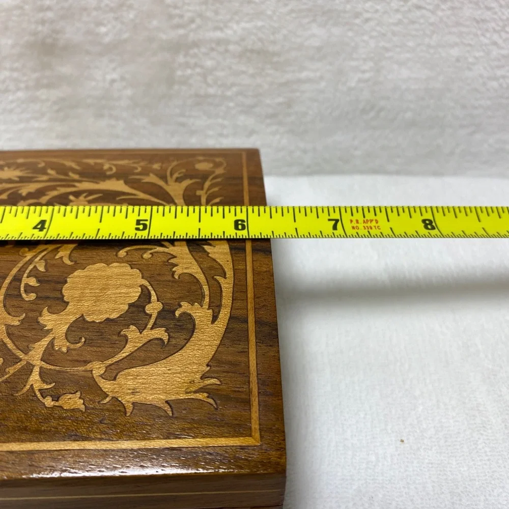 VTG Wooden Jewelry Trinket Box Intricate Floral Inlay Hinged Lidded Compartments